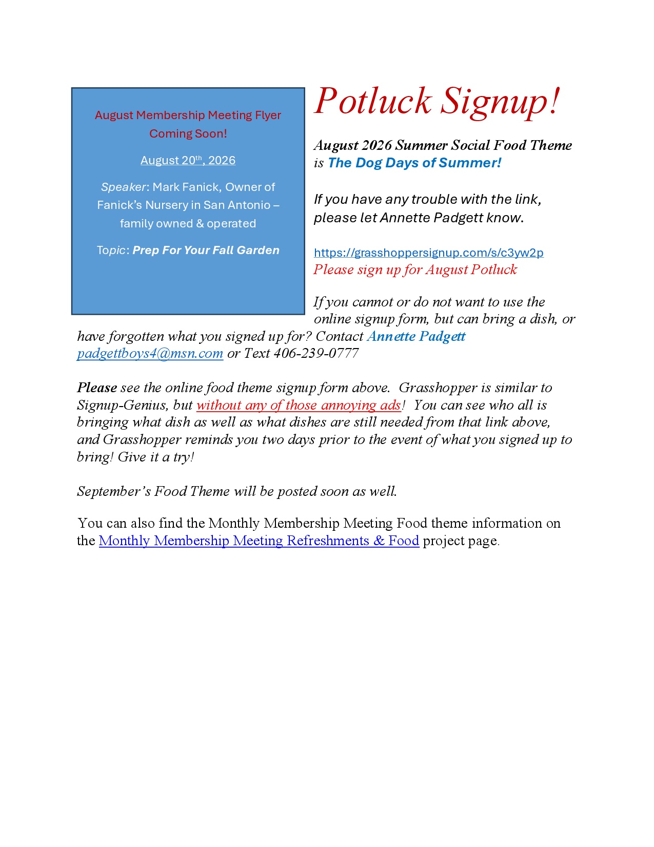 Potluck Signup August 2026