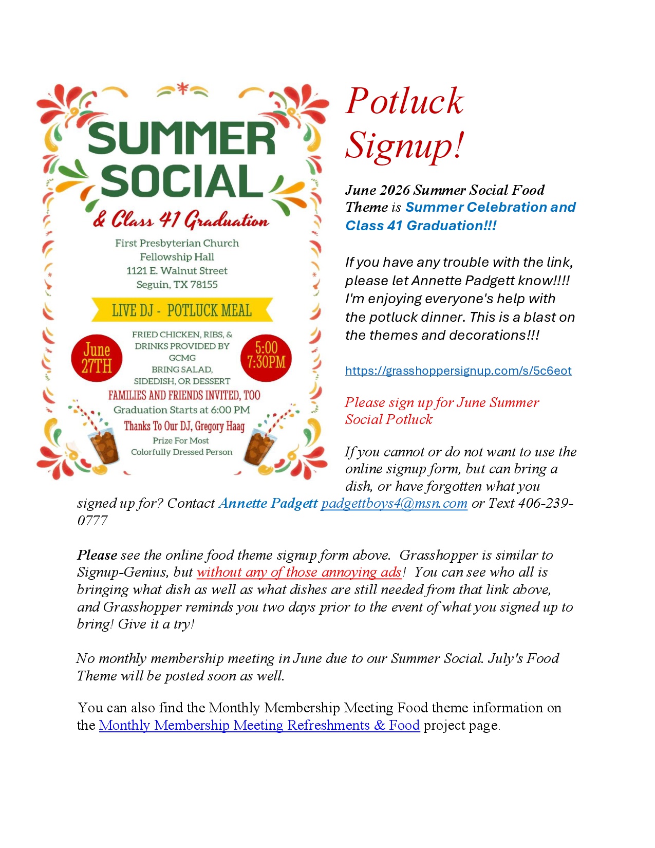 Potluck Signup June 2026