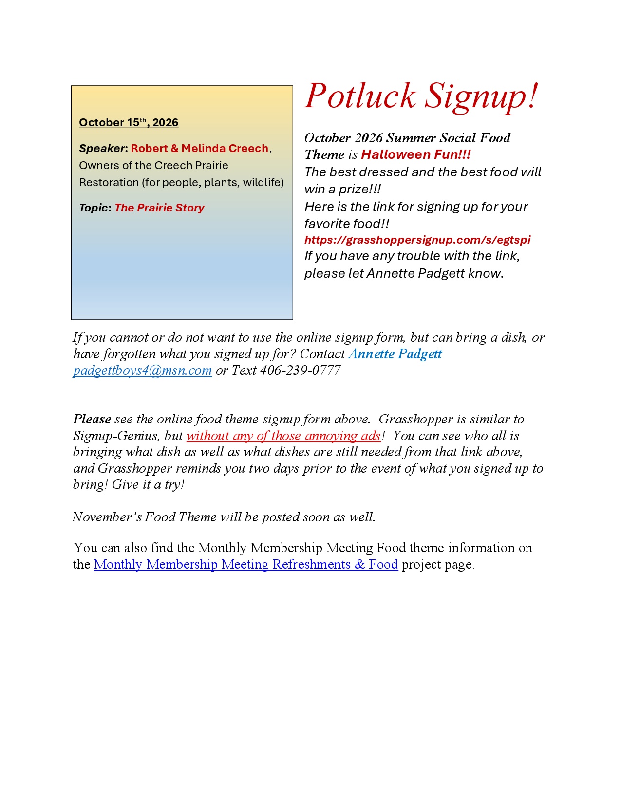 Potluck Signup October 2026