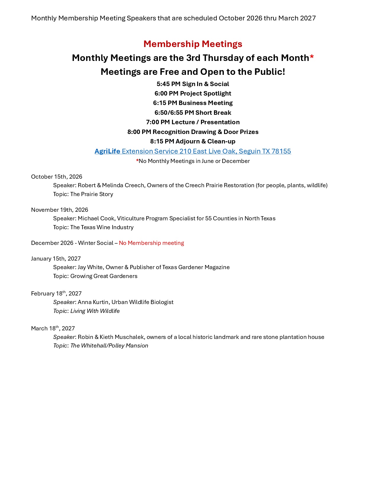 Membership Meeting Speakers October 2026 thru March 2027